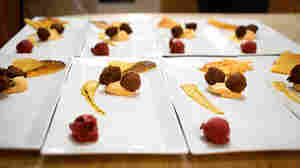 One of musician-turned-chef Philip Gelb's culinary creations for his Sound & Savor series of dinners and concerts. It's a mezze plate of falafel, roasted garlic hummus, beet nut pate, pepper pecan sauce and socca, a thin pancake made of chickpea flour.