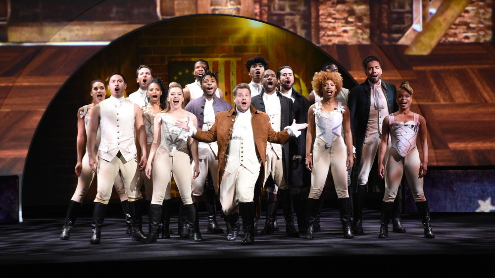 <em>The Late Late Show</em> host James Corden performs in a Hamilton parody, as CBS and other networks present their fall lineups at this year's upfronts. (CBS via Getty Images)