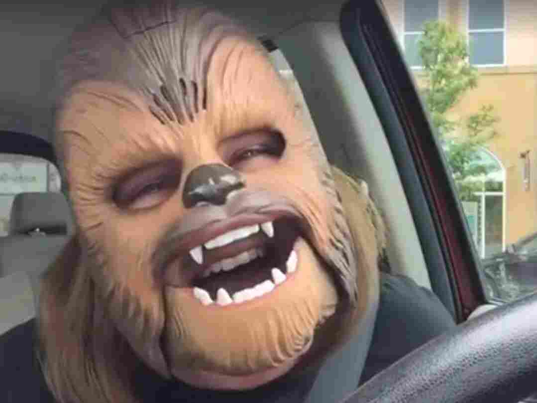 Here she is, in full Chewbacca glory, laughing to the point of full-on weeping.