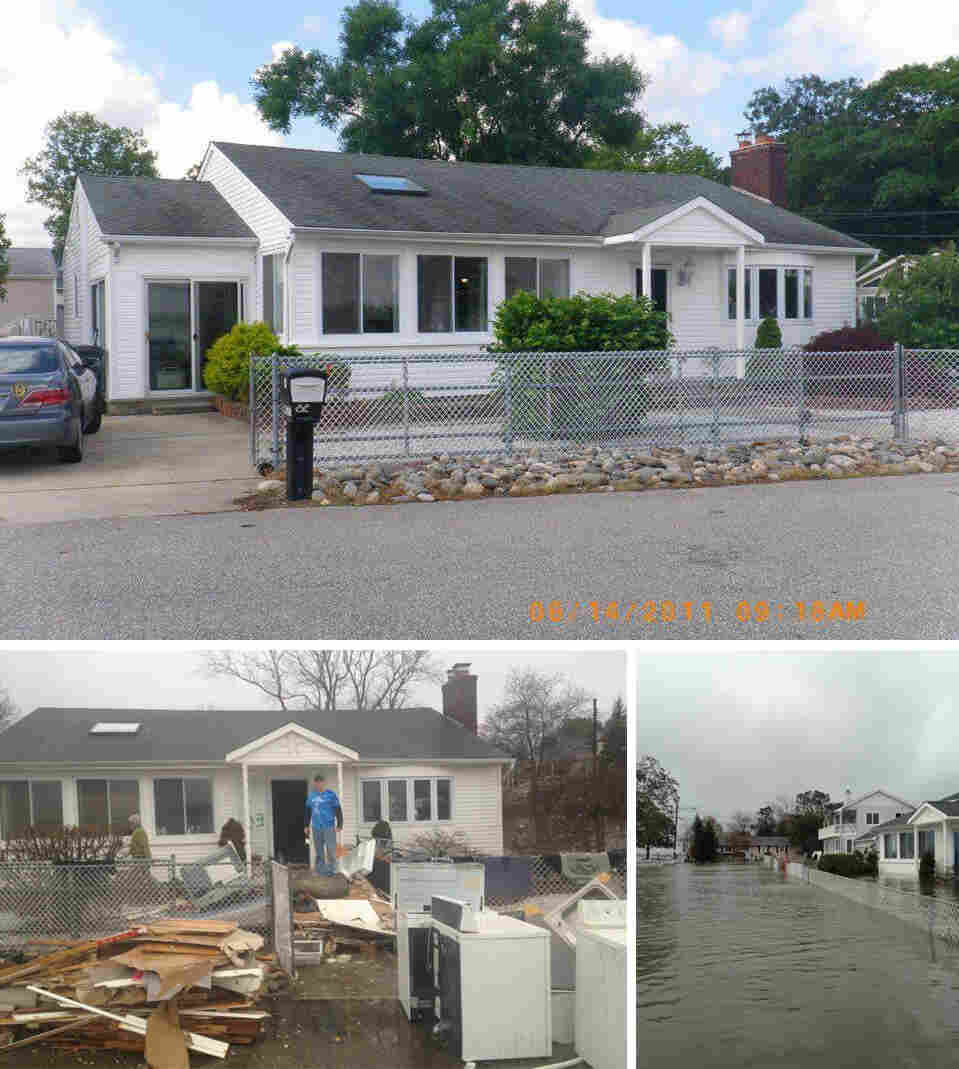 Top: Doug Quinn's home in 2011. Left: Damaged materials from inside Quinn's home in January, 2013. Right: Water flooded Quinn's street the day after Superstorm Sandy. Top: Doug Quinn's home in 2011. Left: Damaged materials from inside Quinn's home in January, 2013. Right: Water flooded Quinn's street the day after Superstorm Sandy.