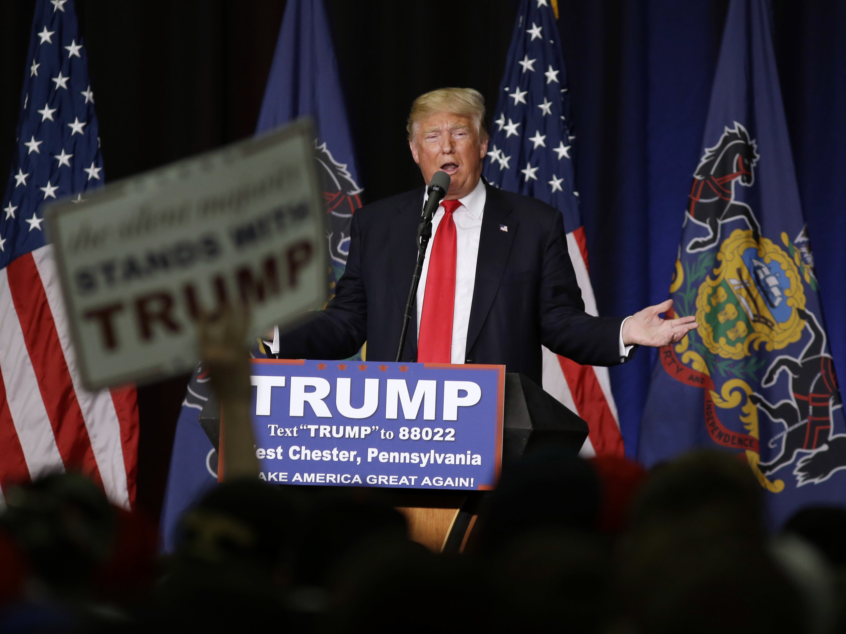 Republican presidential candidate Donald Trump speaks during a campaign rally at West Chester University in West Chester, Pa., on April 25.