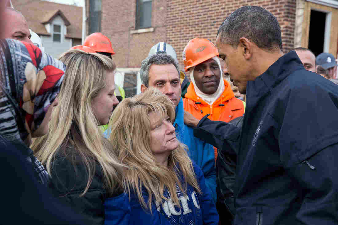 President Obama talks with Diane and Nick Camerada (center) during a walking tour of Superstorm Sandy storm damage on Staten Island, N.Y., on Nov. 15, 2012. President Obama talks with Diane and Nick Camerada (center) during a walking tour of Superstorm Sandy storm damage on Staten Island, N.Y., on Nov. 15, 2012.