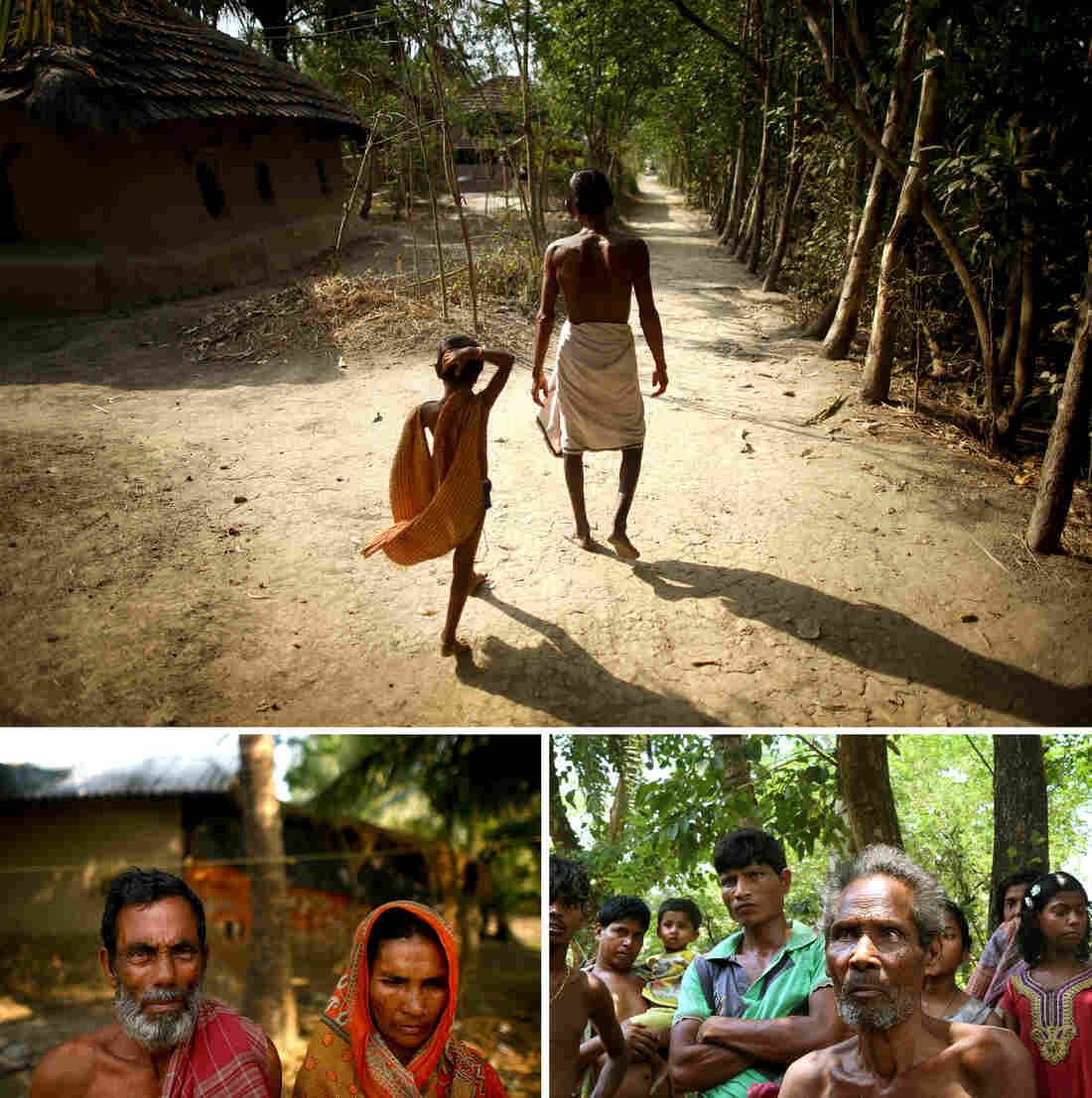 Thousands have been relocated from Ghoramara island to nearby Sagar island, including (counterclockwise from top) Sushil Mali, who walks with his grandson, Muntaz Sheikh and his wife, Zarina Bibi. Debendra Tarek, 80, standing with other villagers, has stayed on Ghoramara. Thousands have been relocated from Ghoramara island to nearby Sagar island, including (counterclockwise from top) Sushil Mali, who walks with his grandson, Muntaz Sheikh and his wife, Zarina Bibi. Debendra Tarek, 80, standing with other villagers, has stayed on Ghoramara.
