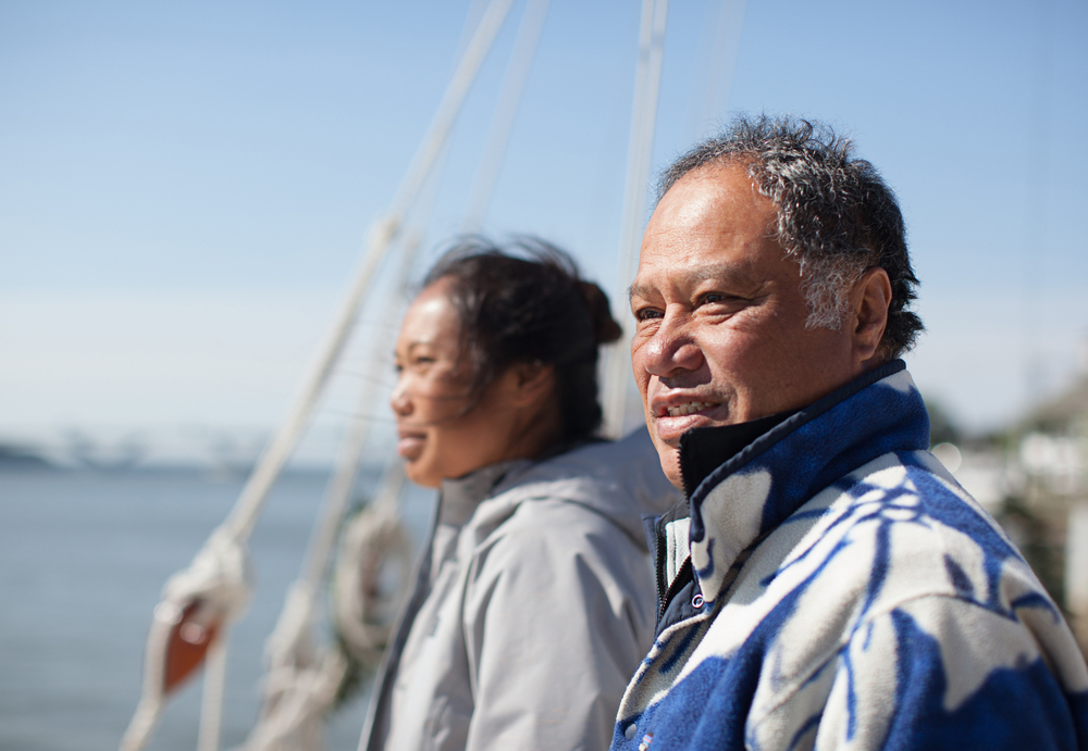 Kalepa Baybayan (right) and his daughter Kala Tanaka. Kalepa is training Kala as an apprentice navigator.