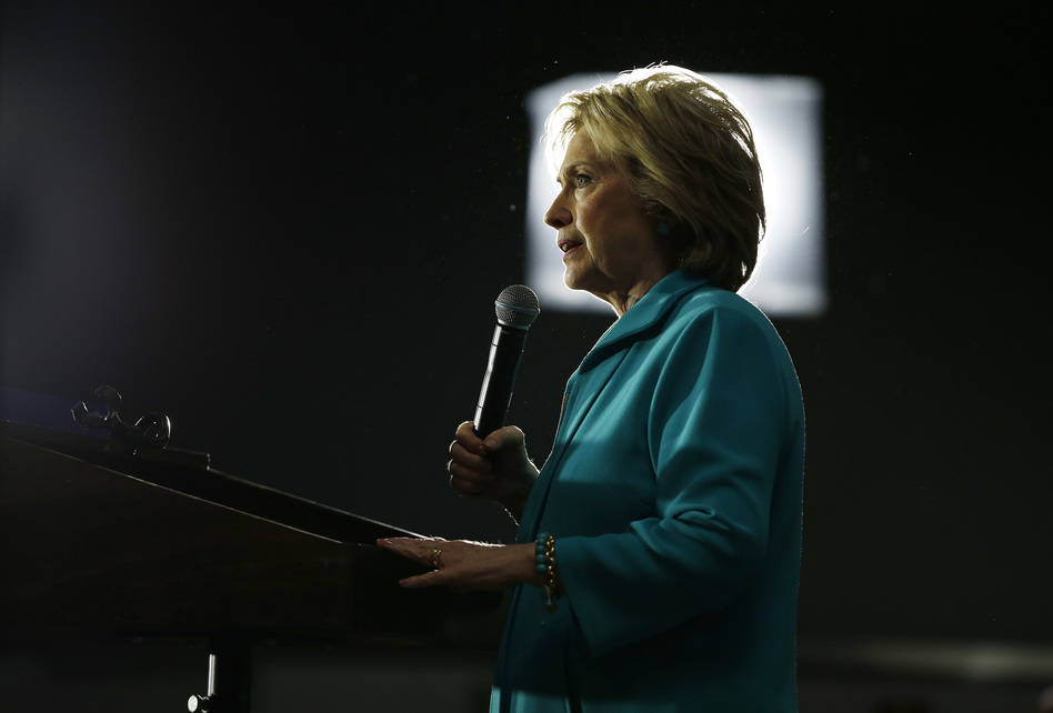 Democratic presidential candidate Hillary Clinton speaks at an International Brotherhood of Electrical Workers training center on Tuesday in Commerce, Calif. (John Locher/AP)