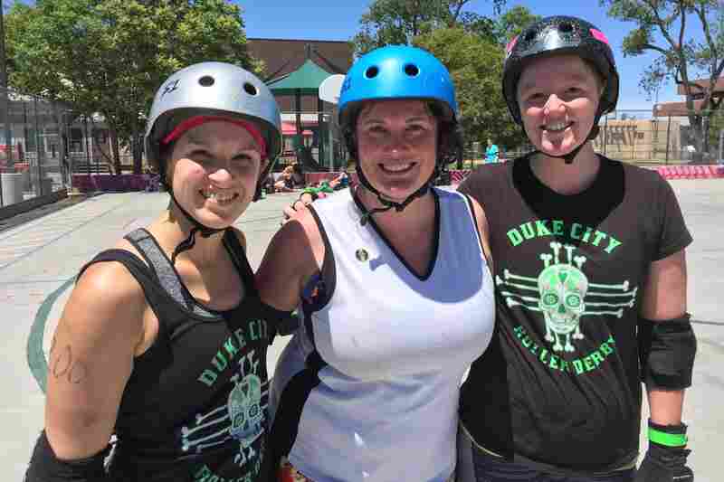 Lauren Winkler, Leigh Featherstone and Holly Chamberlin, left to right, all supporters of Hillary Clinton, at a roller derby scrimmage in Albuquerque, N.M. Lauren Winkler, Leigh Featherstone and Holly Chamberlin, left to right, all supporters of Hillary Clinton, at a roller derby scrimmage in Albuquerque, N.M.