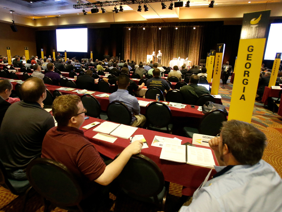 Delegates listen to speeches in the main hall at the National Libertarian Party Convention, Friday, May 27, 2016, in Orlando, Fla. (John Raoux/AP)