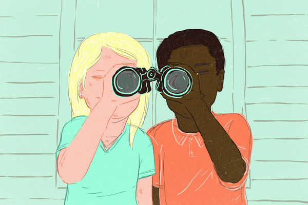 White kid and black kid looking through binoculars together