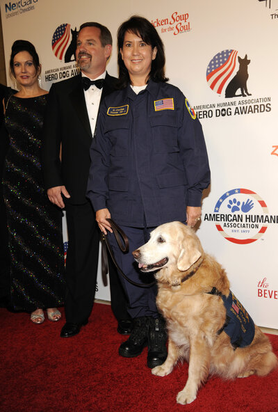 Bretagne, shown with handler and owner Denise Corliss and her husband, Randy Corliss, was a finalist at the American Humane Association's 2014 "Hero Dog Awards" in Beverly Hills, Calif. Bretagne, shown with handler and owner Denise Corliss and her husband, Randy Corliss, was a finalist at the American Humane Association's 2014 "Hero Dog Awards" in Beverly Hills, Calif.