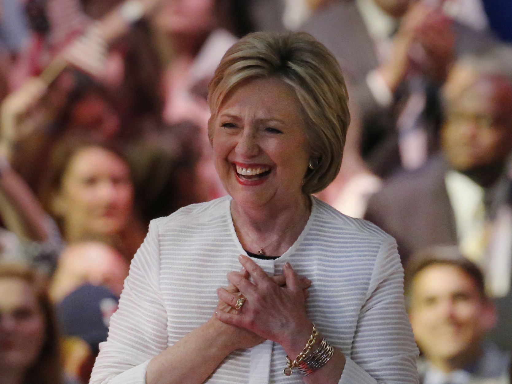 Democratic presidential candidate Hillary Clinton arrives at a presidential primary election night rally, Tuesday, June 7, 2016, in New York.