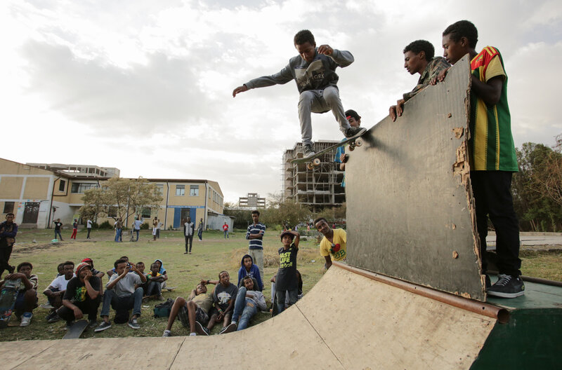 Eyob and the crew at a miniramp session. This ramp was destroyed to make space for the new Addis Skatepark.
