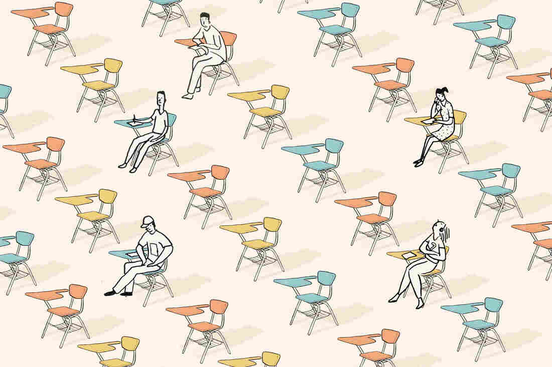 Rows of school desks with many absent students
