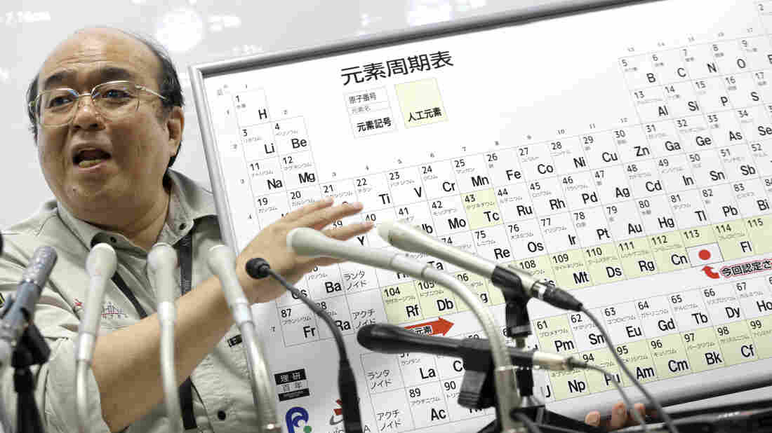 Kosuke Morita, who led a group of researchers that discovered element 113, speaks at a press conference at in Tokyo on June 9. The name nihonium stems from the fact that element 113 was discovered in Japan, and Nihon is one way to say the country's name in Japanese.