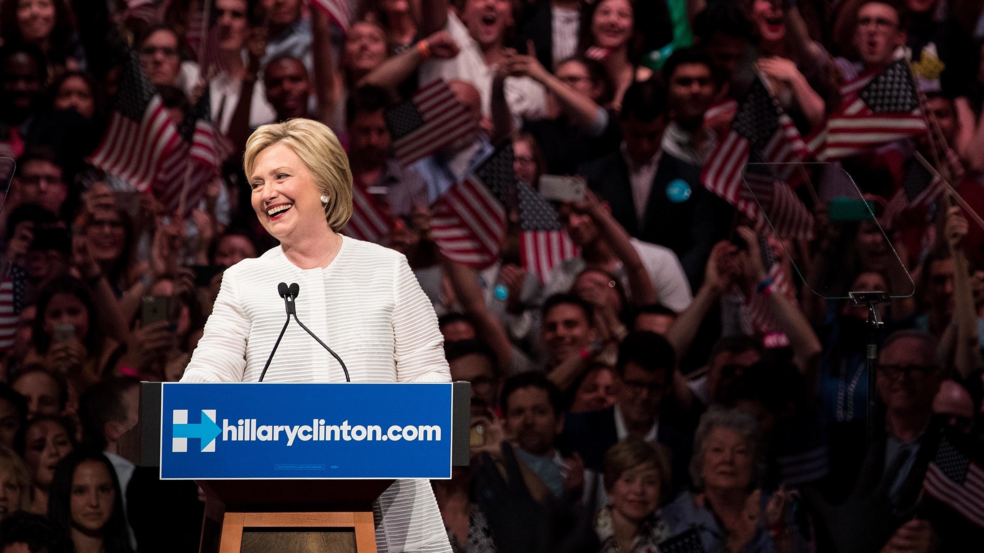Hillary Clinton smiles at the crowd at the start of her remarks during a primary night rally Brooklyn, N.Y. (Getty Images)