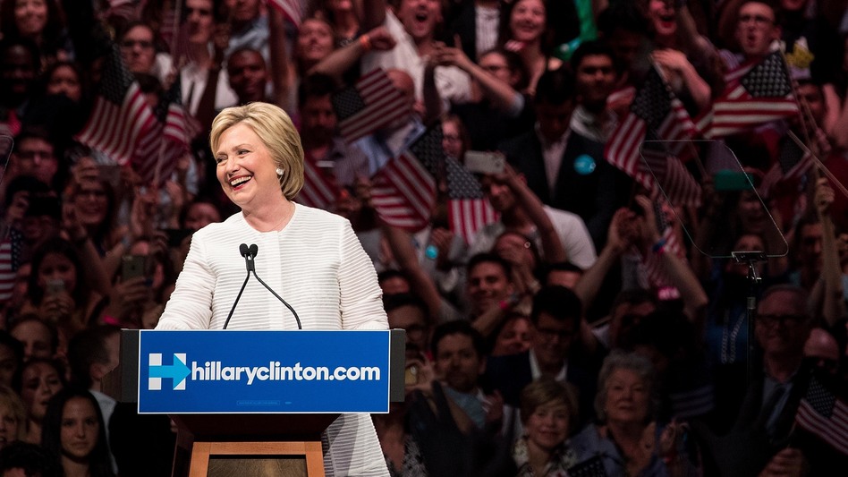 Hillary Clinton smiles at the crowd at the start of her remarks during a primary night rally Brooklyn, N.Y. (Drew Angerer/Getty Images)