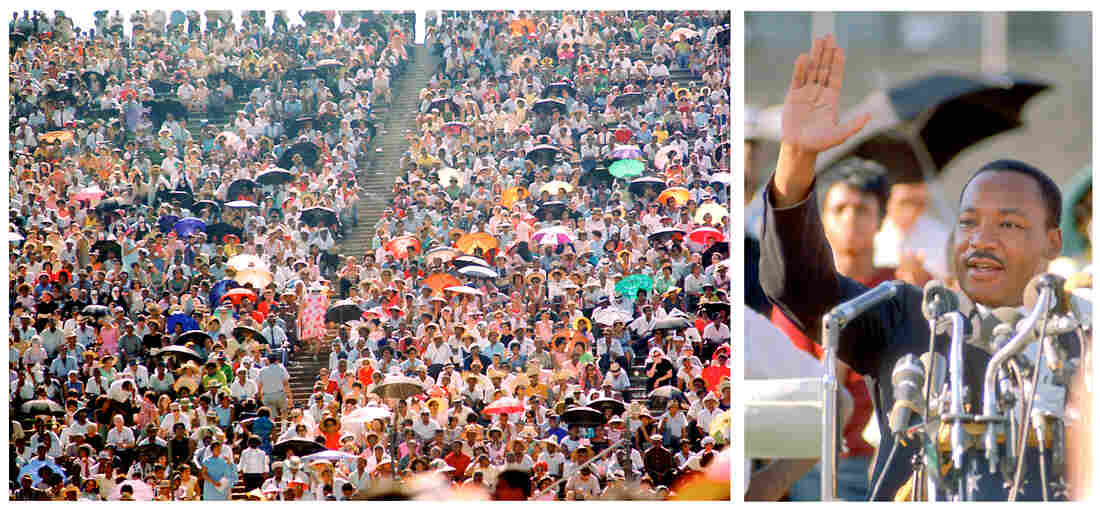 The crowd at the Chicago Freedom Movement rally at Soldier Field in 1966 (left). Dr. Martin Luther King Jr. addressing the crowd at Soldier Field.