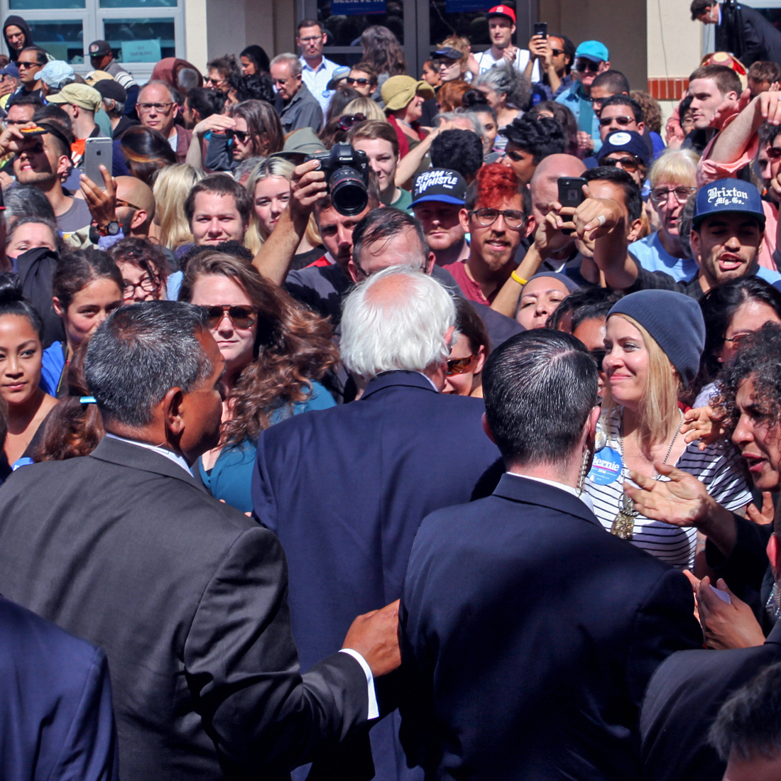 Sen. Bernie Sanders (center) reaches out to supporters after speaking at a get-out-the-vote canvass launch at the City College of San Francisco ahead of last week's California primary. Sen. Bernie Sanders (center) reaches out to supporters after speaking at a get-out-the-vote canvass launch at the City College of San Francisco ahead of last week's California primary.