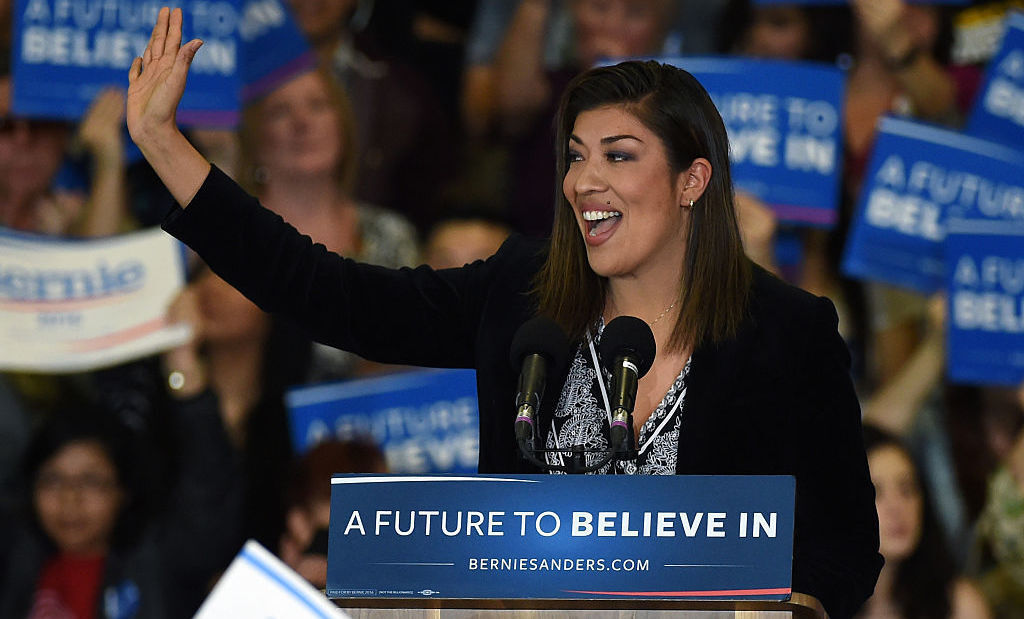 Democratic congressional candidate Lucy Flores speaks at a campaign rally for Democratic presidential candidate Sen. Bernie Sanders in February in Las Vegas.