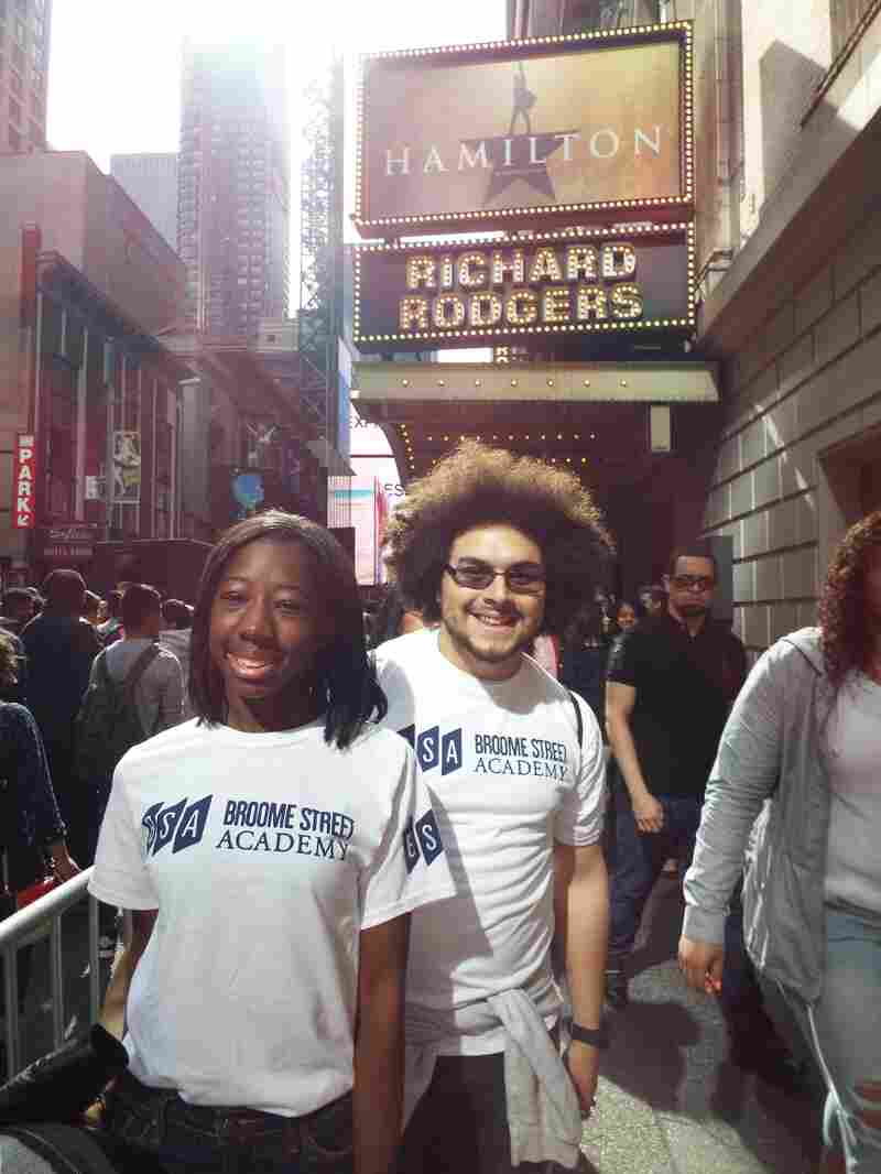 Osariemen "Tootie" Uwaifo and Chris Zaragoza of Broome Street Academy pose outside the Richard Rodgers Theatre.