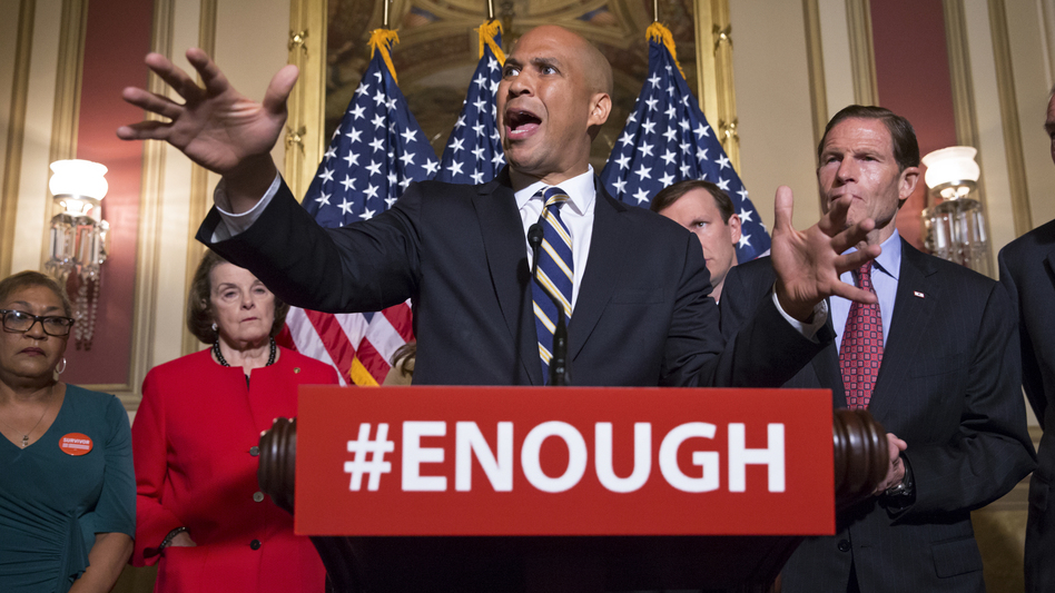 Sen. Cory Booker, D-N.J., joins Senate Democrats in calling for stricter gun control legislation in the aftermath of the mass shooting in Orlando last week. (J. Scott Applewhite/AP)