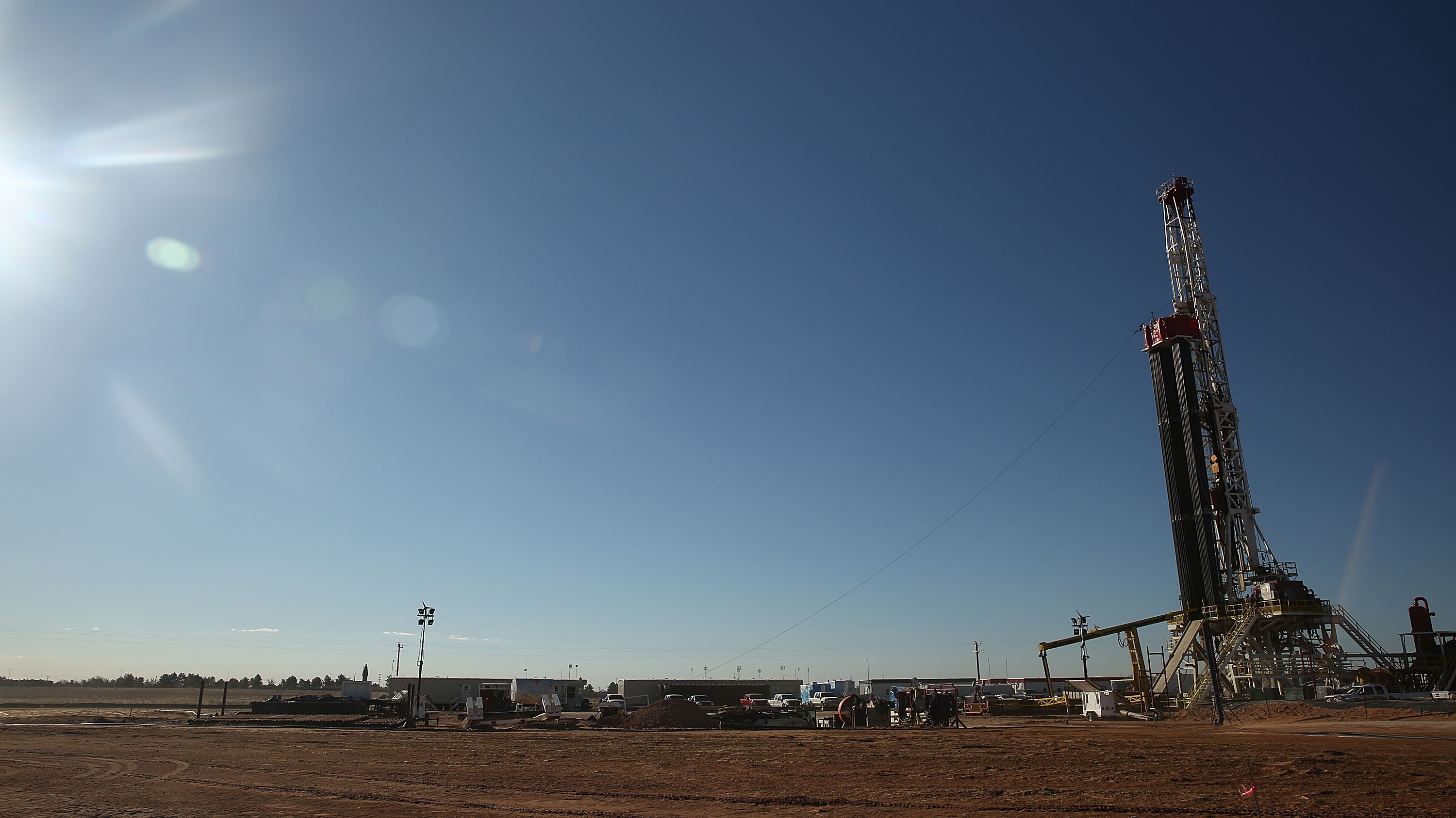 A fracking site is situated on the outskirts of town in the Permian Basin oil field in the town of Midland, Texas.