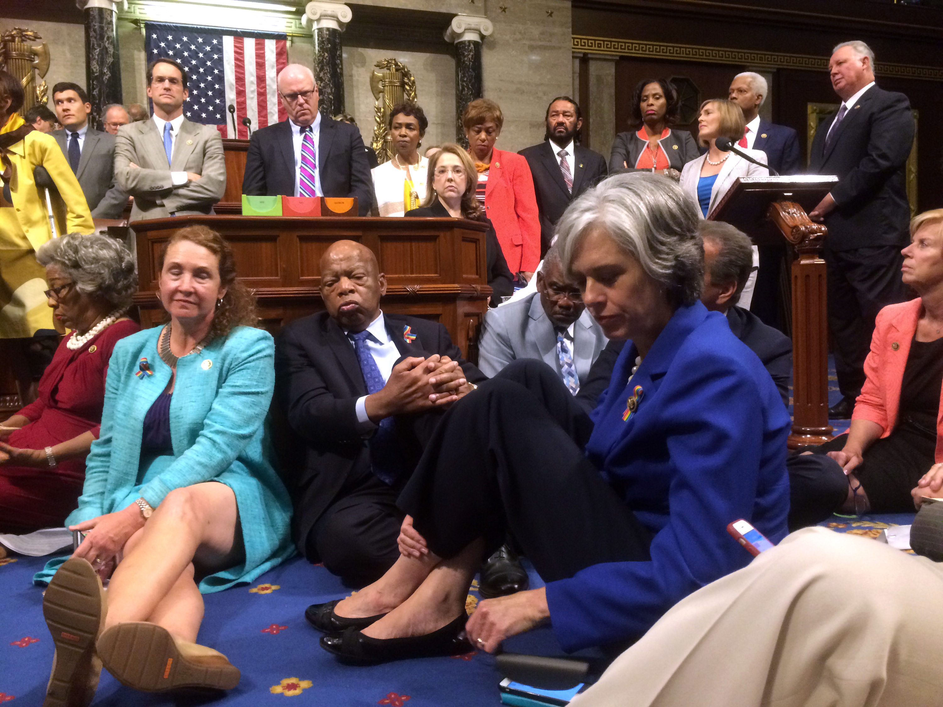 Democratic members of Congress, including Rep. Elizabeth Esty, D-Conn.(seated left), Rep. John Lewis, D-Ga. (center) as they participate in a sit-down protest seeking a vote on gun control measures on Wednesday. (Courtesy of Rep. Chellie Pingree)