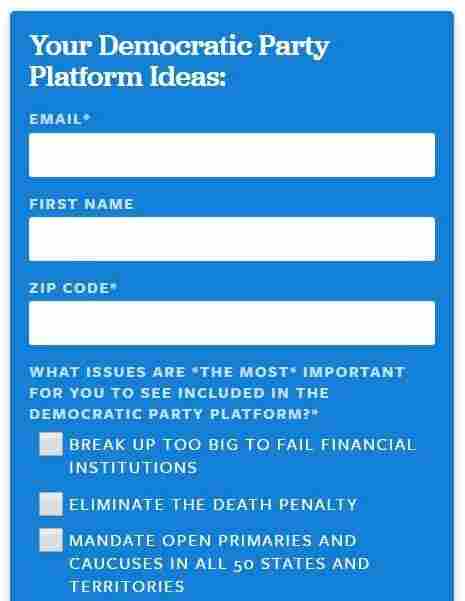 A screen grab from a form on Sanders website seeking guidance from his supporters for the Democratic Party platform. A screen grab from a form on Sanders website seeking guidance from his supporters for the Democratic Party platform.
