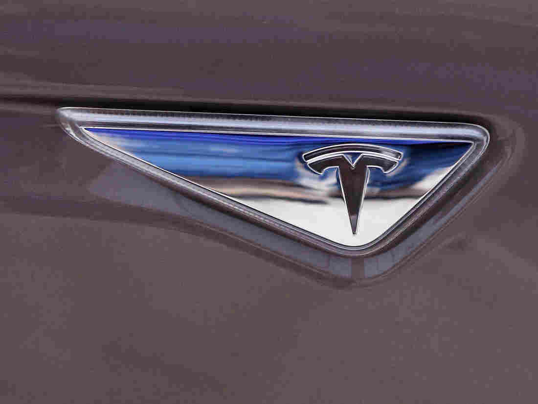 Tesla logo on the new Tesla Model S 70D during a test drive in Detroit.