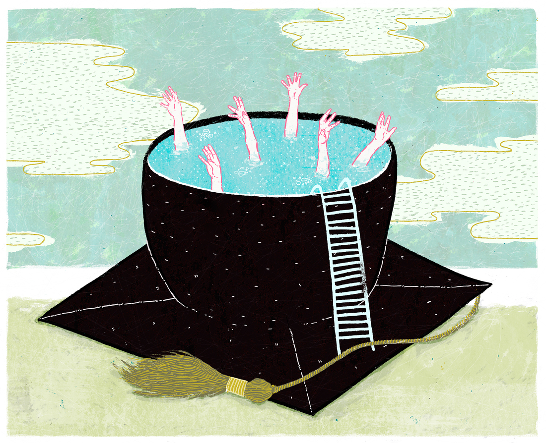 An illustration depicting college graduates drowning in a mortarboard cap full of water. An illustration depicting college graduates drowning in a mortarboard cap full of water.