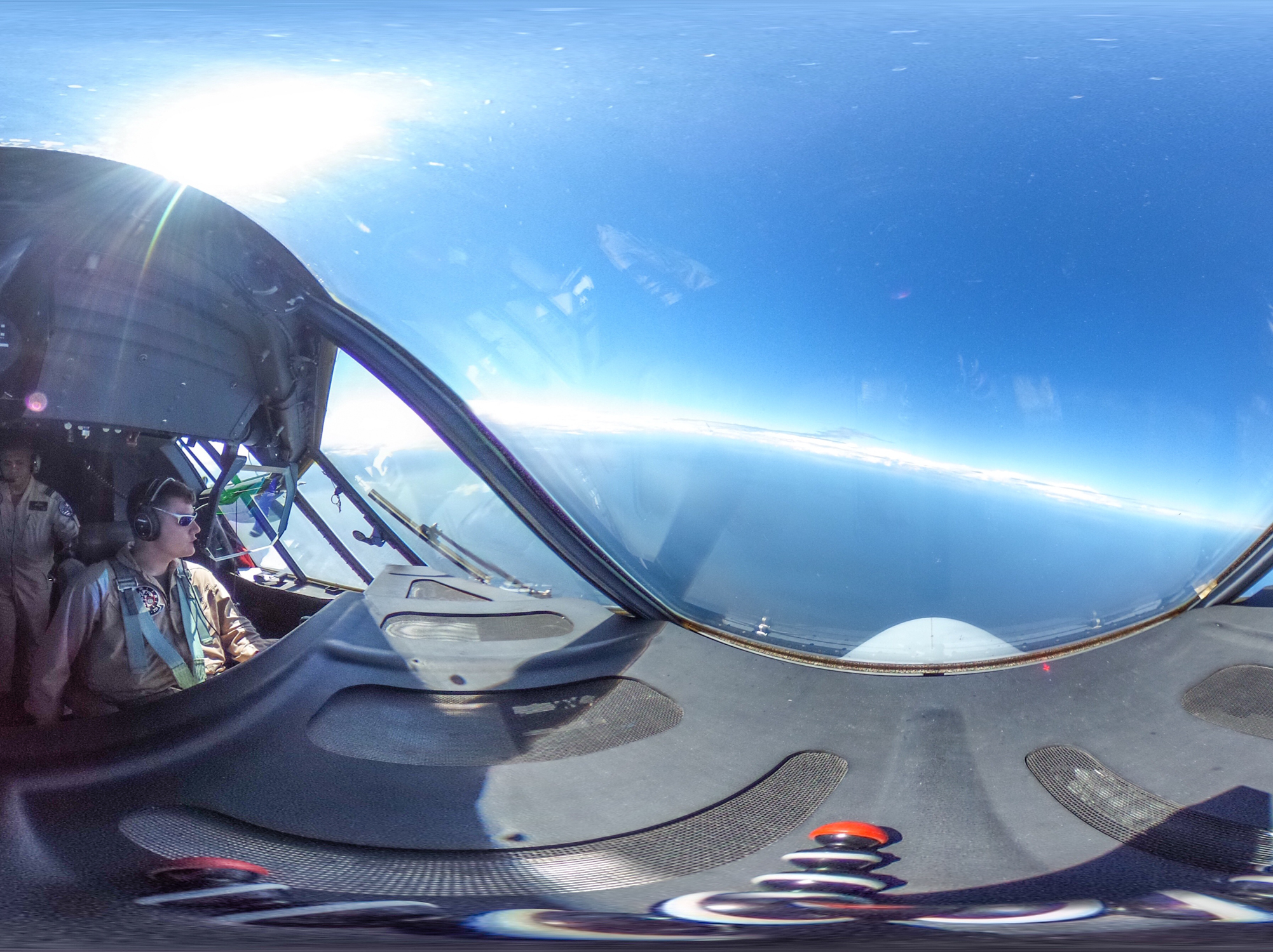 This image of pilots flying a KC-130J Super Hercules was taken with an Equirectangular Panorama, to create a 360-degree view.