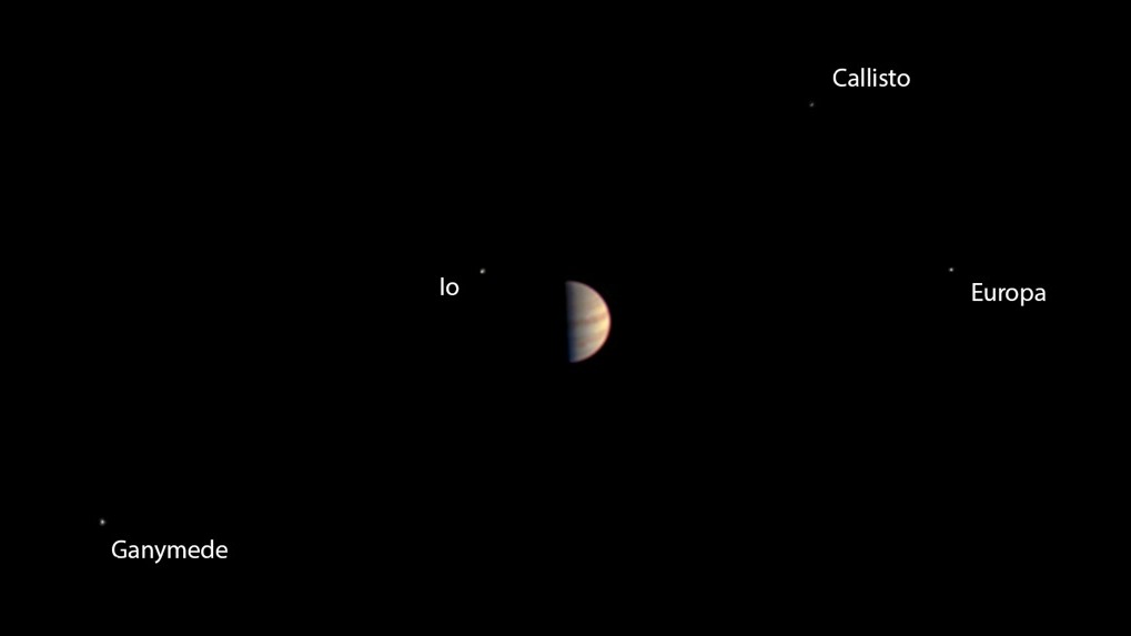 Before turning all of its attention to an orbit insertion at Jupiter, the Juno craft took this image of its target planet and surrounding moons. (NASA/JPL-Caltech/SwRI/MSSS)