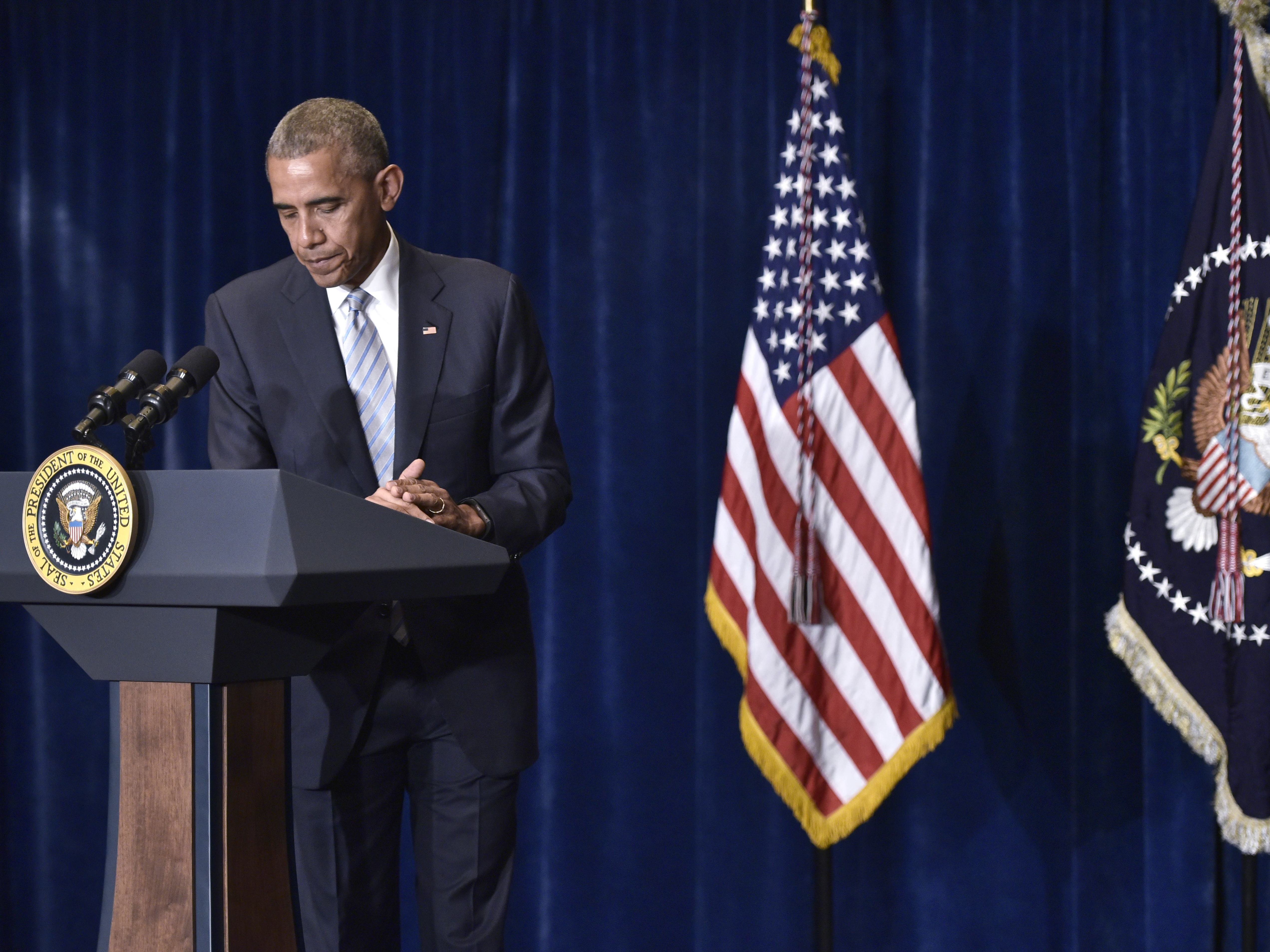 President Barack Obama speaks on the recent police shootings in the U.S. at a hotel in Warsaw early Friday morning.