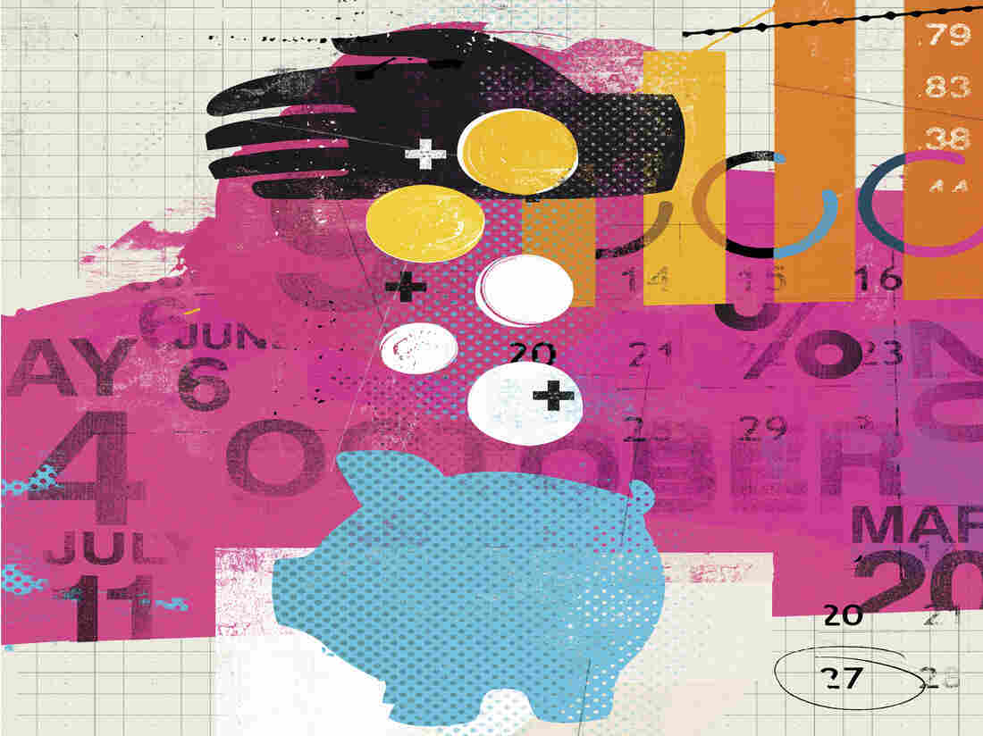 Illustration of a hand dropping coins into a piggy bank