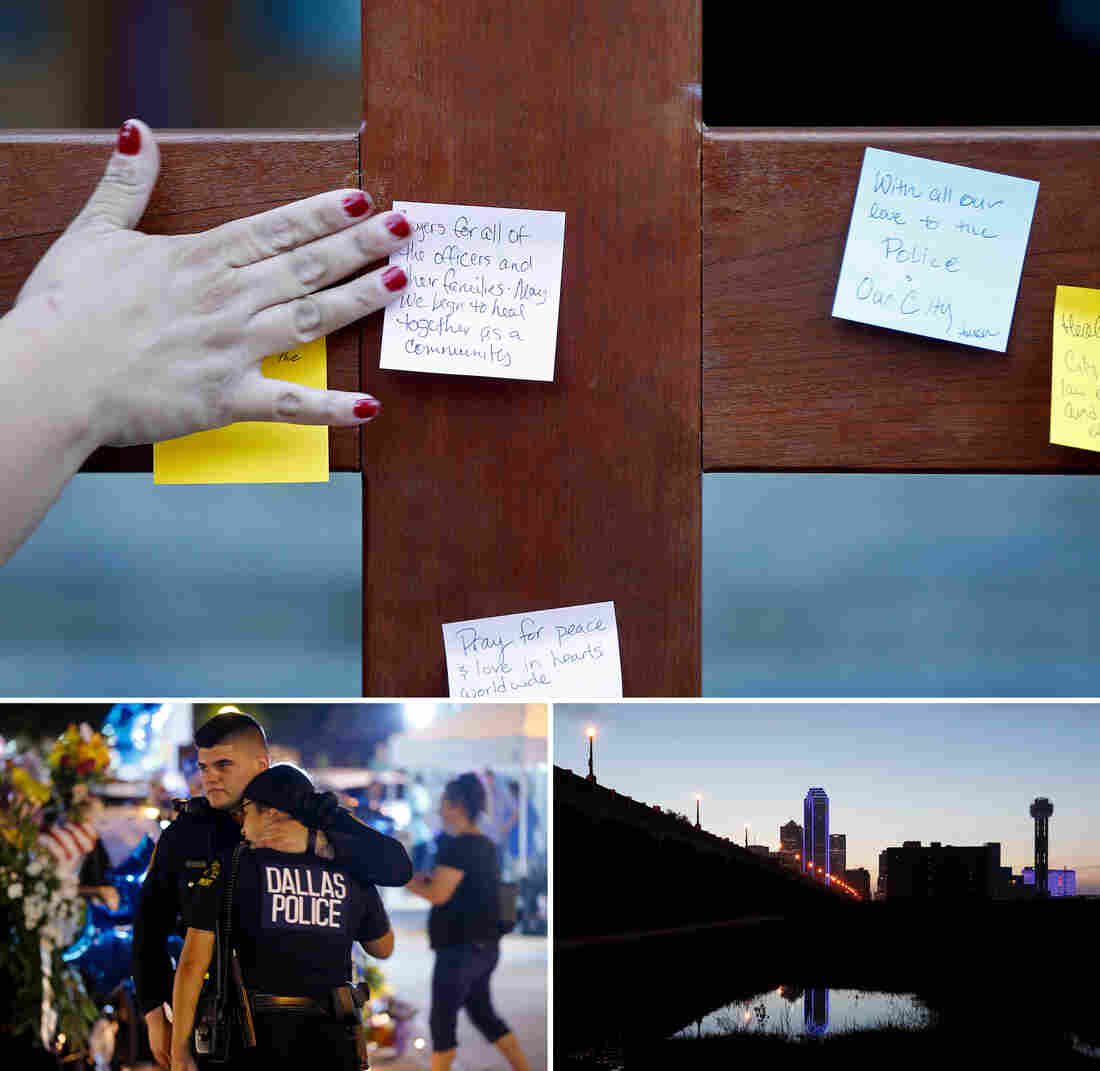 (Top) A parishioner places a prayer to a crucifix before entering a vigil at Cathedral Guadalupe on Friday, in honor of the Dallas police officers who were slain Thursday. (Left) Dallas police officers comfort each other on Friday near police cars decorated as a public memorial at police headquarters. (Right) Buildings in downtown Dallas are lit with blue to support the police. (Top) A parishioner places a prayer to a crucifix before entering a vigil at Cathedral Guadalupe on Friday, in honor of the Dallas police officers who were slain Thursday. (Left) Dallas police officers comfort each other on Friday near police cars decorated as a public memorial at police headquarters. (Right) Buildings in downtown Dallas are lit with blue to support the police.