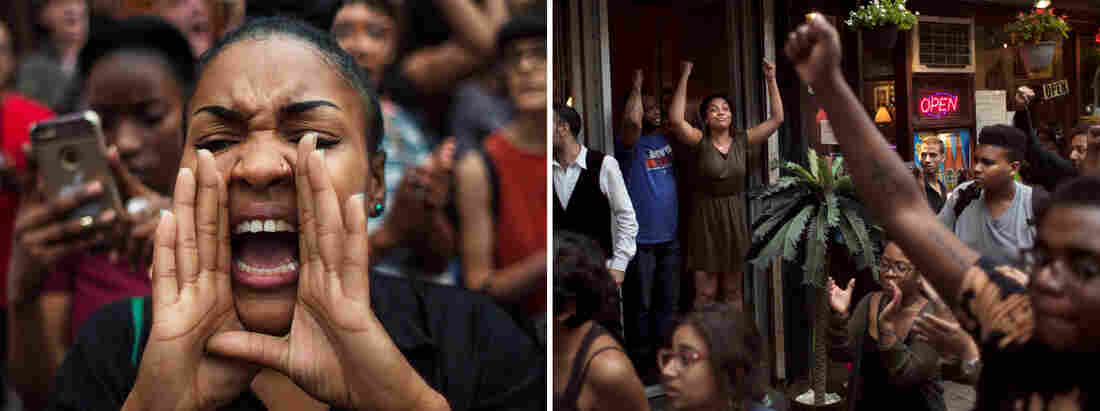 (Left) A protestor shouts slogans as they march from Manhattan to Brooklyn in New York City on Friday. (Right) Protesters march and shout slogans as bystanders express their support in New York City on Friday. About 300 people took to the streets of New York City to protest the recent police shootings in Louisiana and Minnesota. (Left) A protestor shouts slogans as they march from Manhattan to Brooklyn in New York City on Friday. (Right) Protesters march and shout slogans as bystanders express their support in New York City on Friday. About 300 people took to the streets of New York City to protest the recent police shootings in Louisiana and Minnesota.