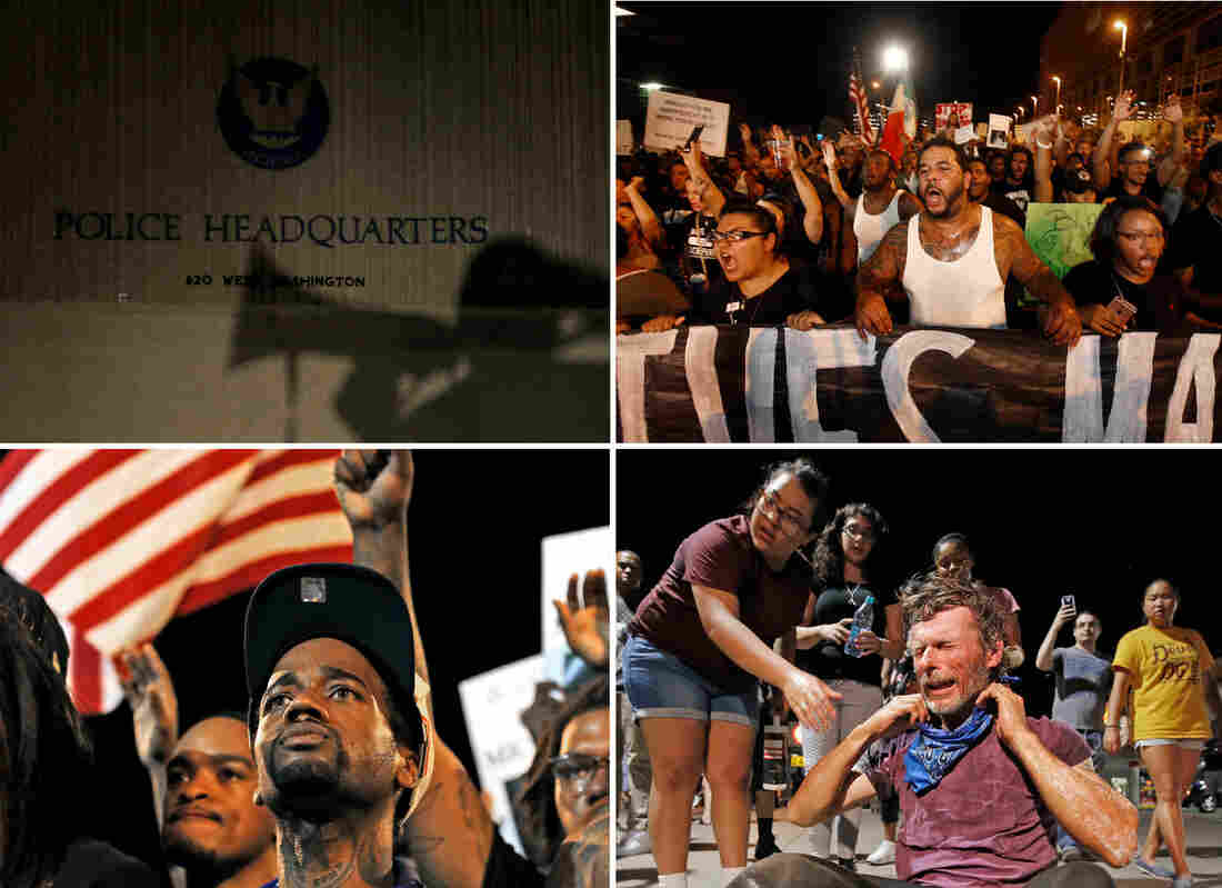 Marchers numbering nearly 1,000 took to the streets in downtown Phoenix, Ariz., to protest against the recent fatal shootings of black men by police. Freeway ramps were closed and pepper spray and tear gas were used. Marchers numbering nearly 1,000 took to the streets in downtown Phoenix, Ariz., to protest against the recent fatal shootings of black men by police. Freeway ramps were closed and pepper spray and tear gas were used.