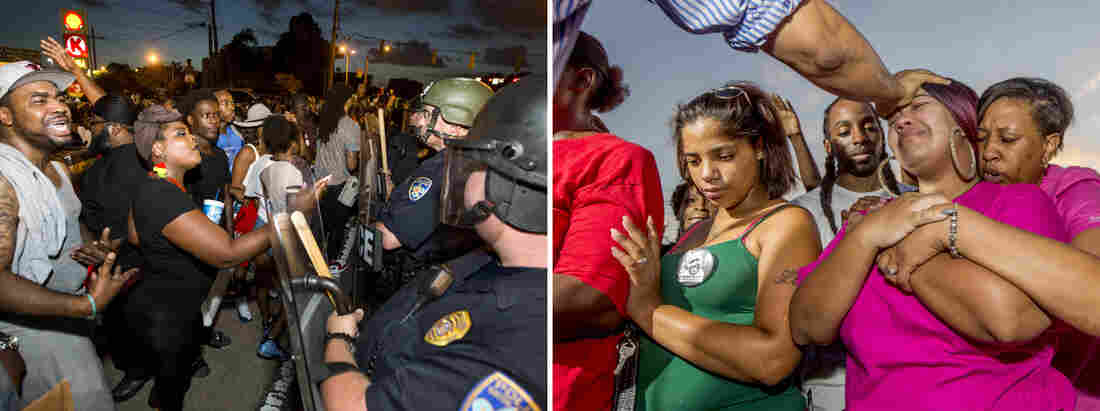 (Left) Protesters face off with Baton Rouge police in riot gear across the street from the police department on Friday in Baton Rouge, La. (Right) Pastor Johnny Young blesses Kaleigh Yates, a first cousin of Alton Sterling, outside the convenience store where he was shot and killed. (Left) Protesters face off with Baton Rouge police in riot gear across the street from the police department on Friday in Baton Rouge, La. (Right) Pastor Johnny Young blesses Kaleigh Yates, a first cousin of Alton Sterling, outside the convenience store where he was shot and killed.
