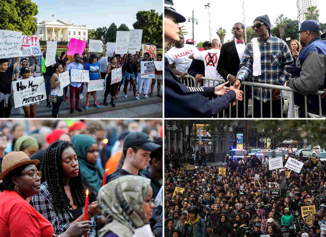 (Clockwise from top left) Protestors in front of the White House on Friday; Rapper Snoop Dogg is greeted by police officer Beatrice Girmala on Friday in Los Angeles, Calif. during a peaceful demonstration; Hundreds held a rally and march along Market Street in San Francisco, Calif; Madia Alluding (left) and her granddaughter Danielette Johnson hold candles at city hall in Portland, Maine. (Clockwise from top left) Protestors in front of the White House on Friday; Rapper Snoop Dogg is greeted by police officer Beatrice Girmala on Friday in Los Angeles, Calif. during a peaceful demonstration; Hundreds held a rally and march along Market Street in San Francisco, Calif; Madia Alluding (left) and her granddaughter Danielette Johnson hold candles at city hall in Portland, Maine.