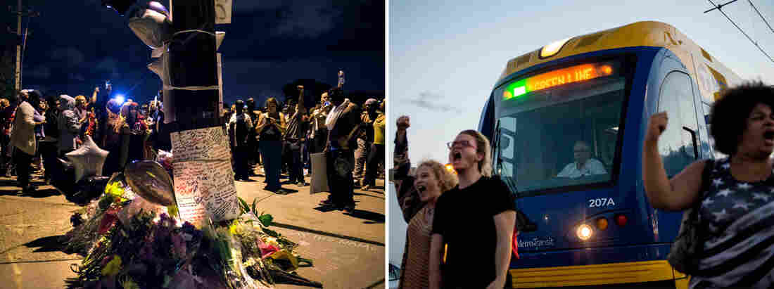 (Left) A memorial at the intersection where Philando Castile was shot on Thursday in Falcon Heights, Minn. (Right) Activists and community members protest the killing of Philando Castile on Thursday in St. Paul, Minn. (Left) A memorial at the intersection where Philando Castile was shot on Thursday in Falcon Heights, Minn. (Right) Activists and community members protest the killing of Philando Castile on Thursday in St. Paul, Minn.