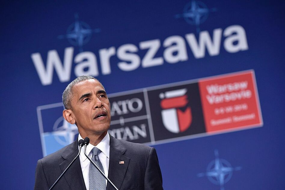 U.S. President Barack Obama addresses a press conference during the second day of the NATO Summit at the Polish National Stadium in Warsaw on Saturday. (Mandel Ngan/AFP/Getty Images)