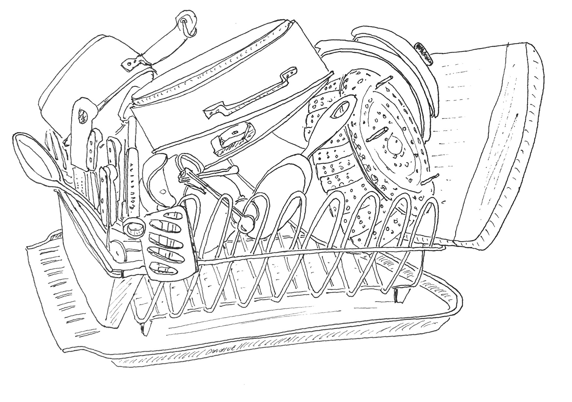 John Donohue's holistic approach to weeknight meals includes calming himself by drawing the dish rack. "What I love about the dish rack is that it's an automatic still life," he says. "It's almost always full of pots and pans, and it's always different."