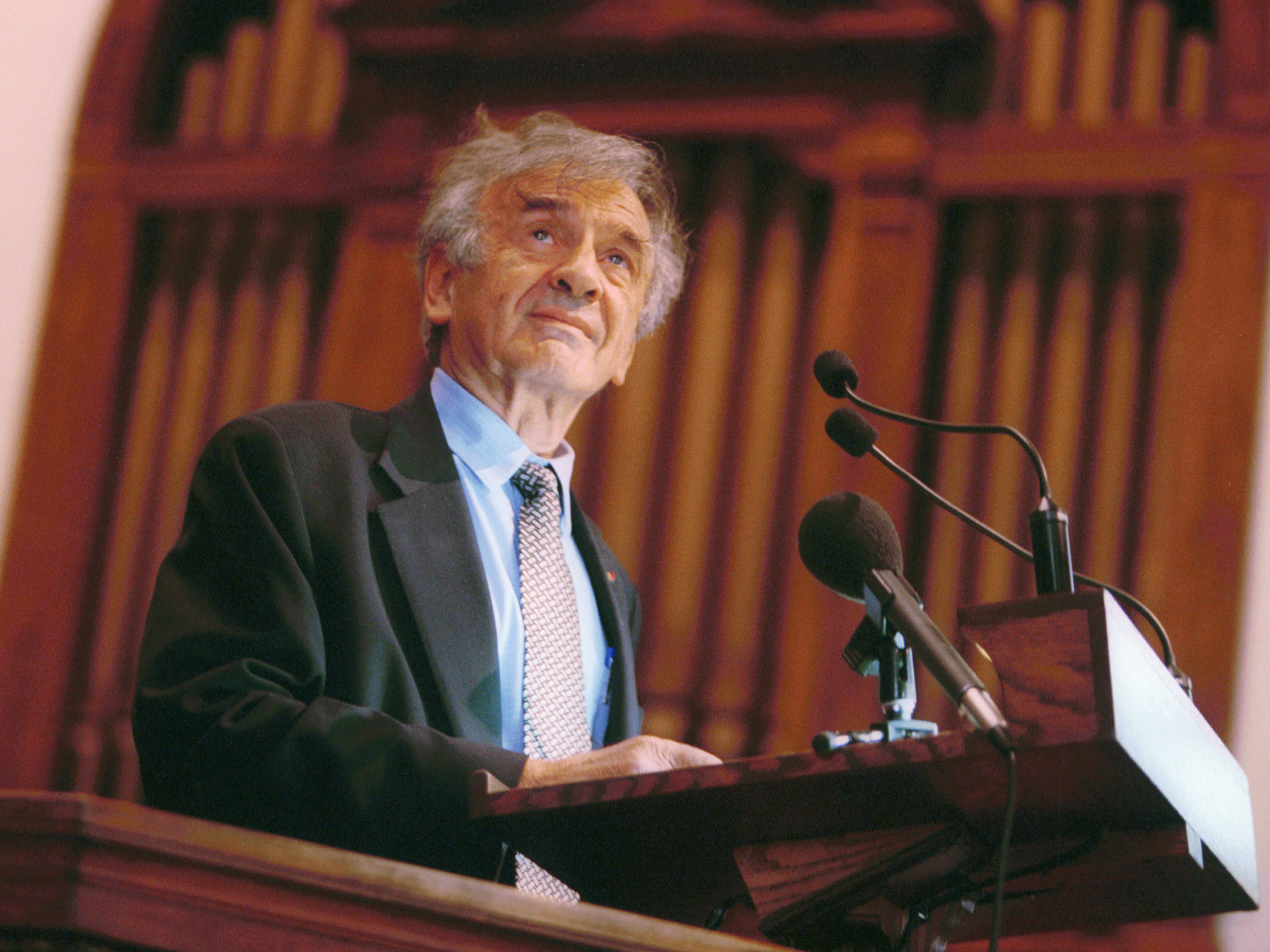 Elie Wiesel speaks at Vermont's Middlebury College in 2002. The Holocaust survivor, Nobel laureate and author died July 2 at the age of 87. (Getty Images)