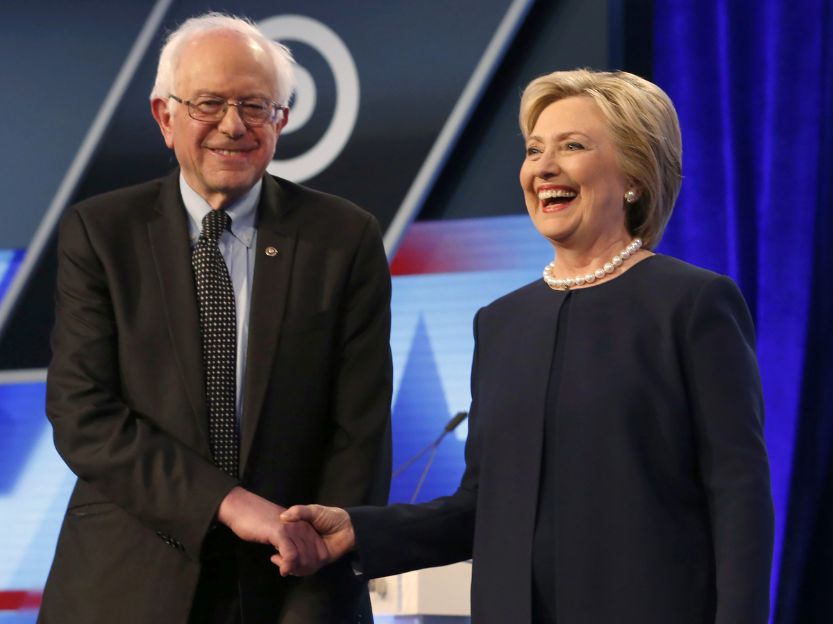 A party united: Bernie Sanders backs Hillary Clinton. The Democratic presidential candidates, Hillary Clinton and Sen. Bernie Sanders, I-Vt, seen here before the start of the Univision, Washington Post Democratic presidential debate in March.