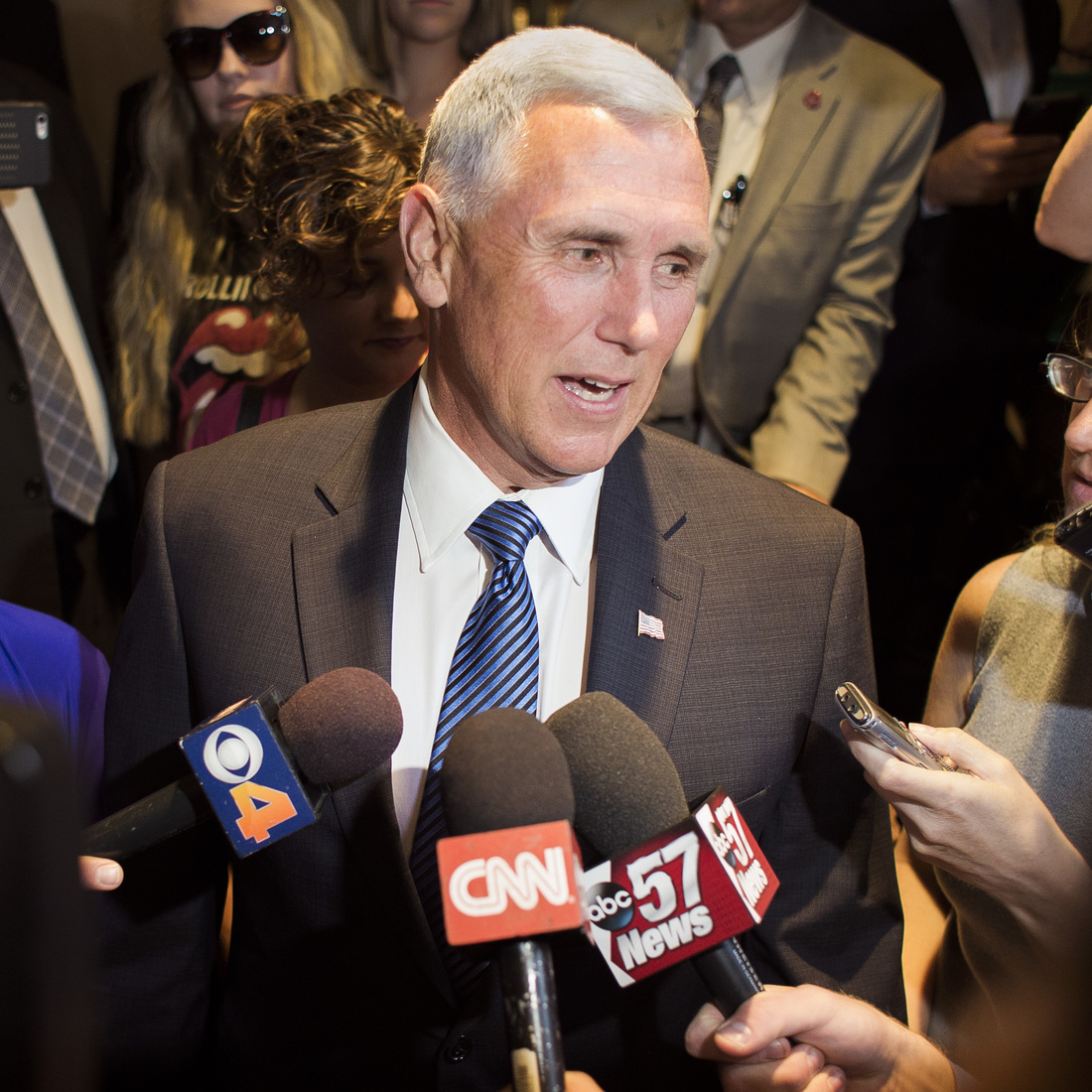 Indiana Gov. Mike Pence speaks to the press as he and his wife Karen leave the Intercontinental Hotel to meet with Republican presidential candidate Donald Trump at Trump Tower in New York on Friday, July 15. Indiana Gov. Mike Pence speaks to the press as he and his wife Karen leave the Intercontinental Hotel to meet with Republican presidential candidate Donald Trump at Trump Tower in New York on Friday, July 15.