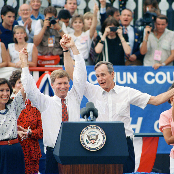 Vice President George Bush (center right) and his wife, Barbara, with Indiana Sen. Dan Quayle (center left) and his wife, Marilyn, after Bush announced Quayle would be his running mate following a riverboat cruise in New Orleans on Aug. 16, 1988.