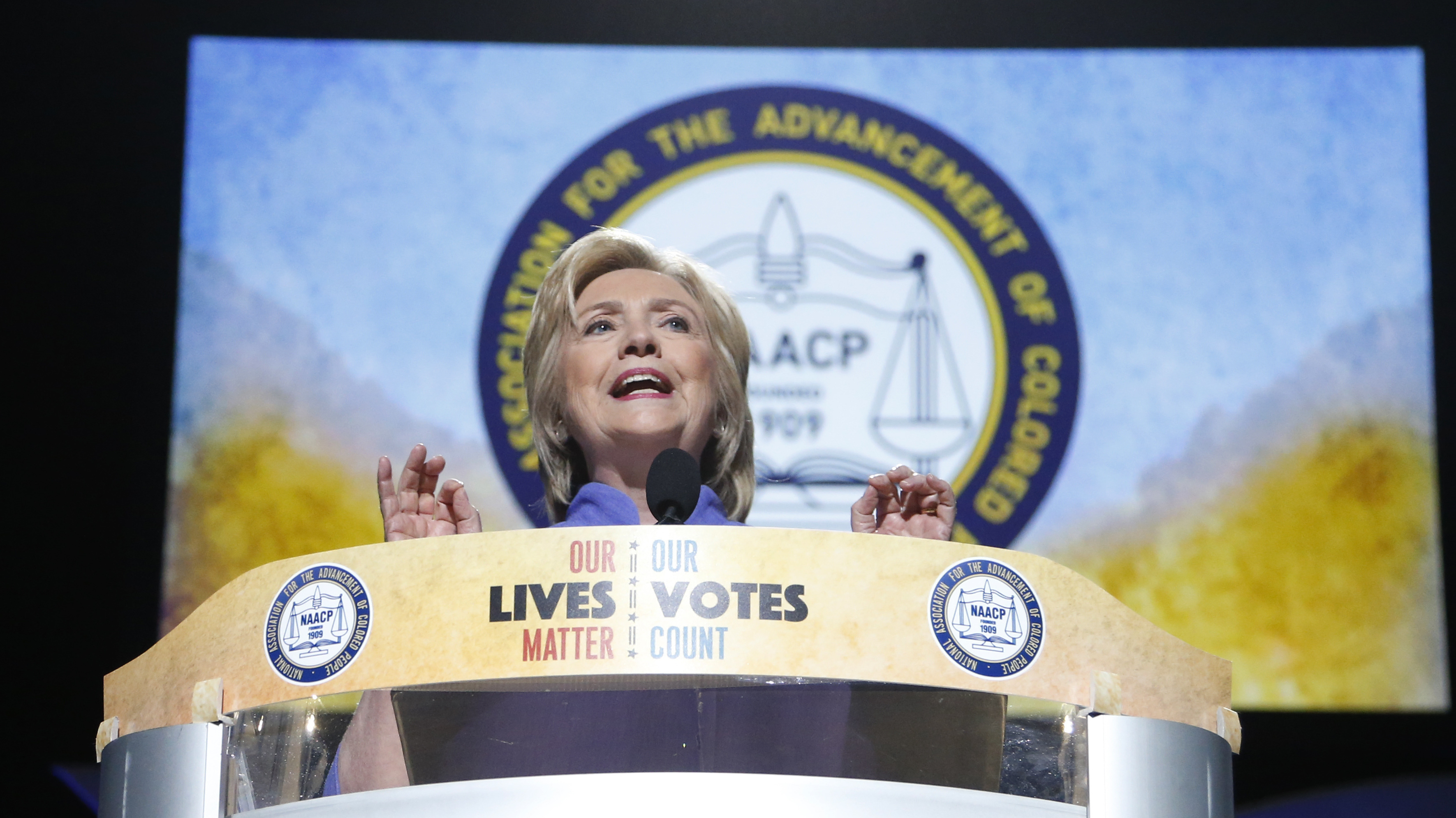 Democratic presidential candidate Hillary Clinton speaks at the NAACP National Convention in Cincinnati, Ohio on July 18, 2016.