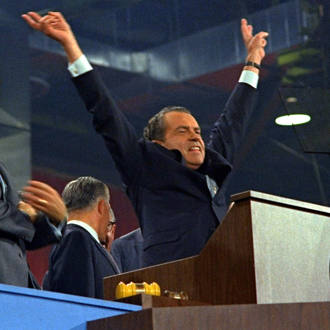 Republican presidential nominee Richard Nixon signals V for victory after accepting his party's nomination at the Republican convention in Miami on Aug. 8, 1968. Republican presidential nominee Richard Nixon signals V for victory after accepting his party's nomination at the Republican convention in Miami on Aug. 8, 1968.