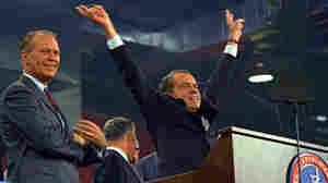 Republican presidential nominee Richard Nixon signals V for victory after accepting his party's nomination at the Republican convention in Miami on Aug. 8, 1968.