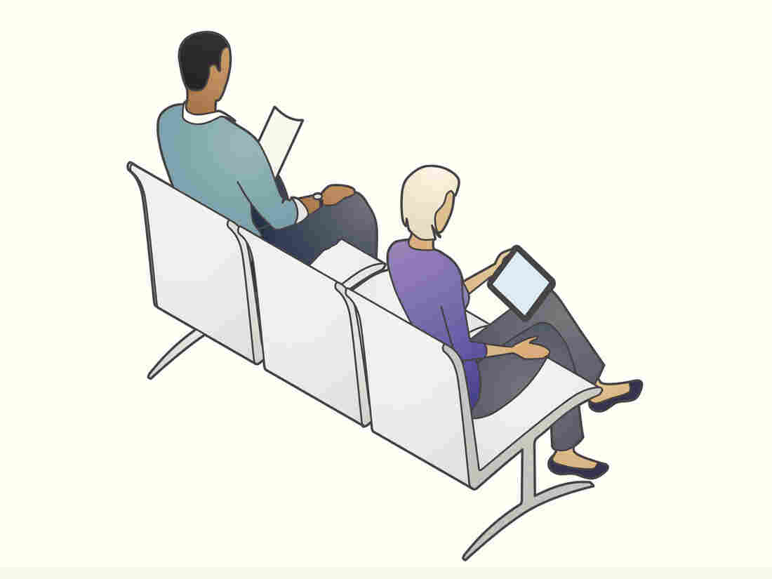 Illustration of a man and woman sitting and reading in waiting room chairs.