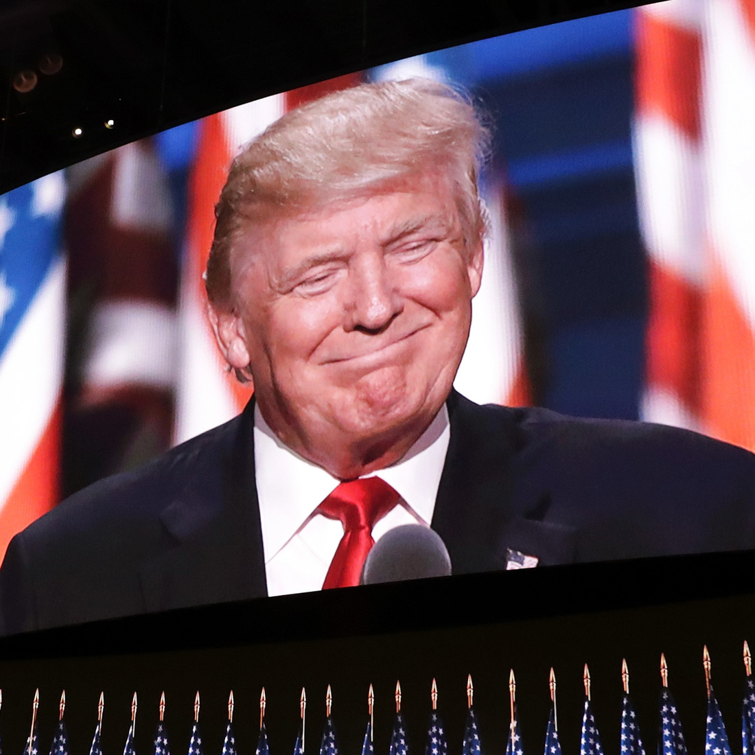 Republican presidential candidate Donald Trump delivers his speech on the final evening of the Republican National Convention in Cleveland. Republican presidential candidate Donald Trump delivers his speech on the final evening of the Republican National Convention in Cleveland.
